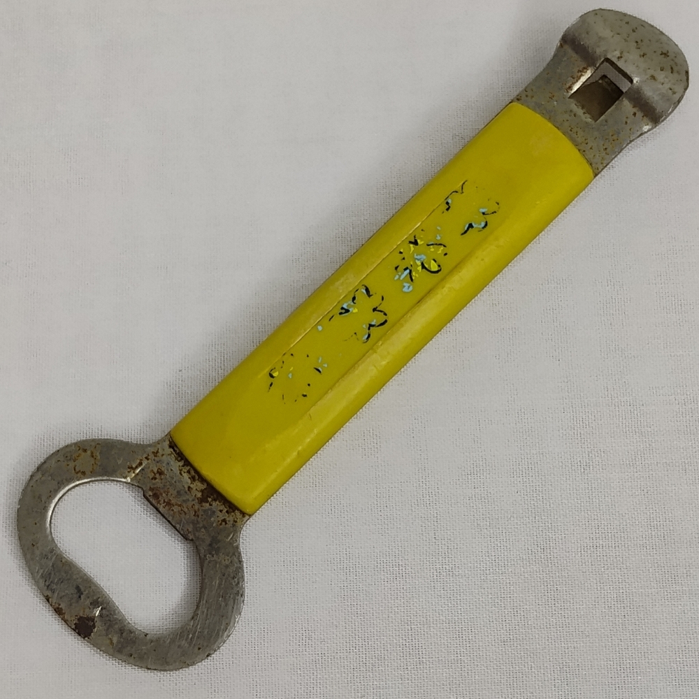 Vintage 70s Floral Yellow Bottle Opener / Can Opener Combo Retro Kitchen / Bar
